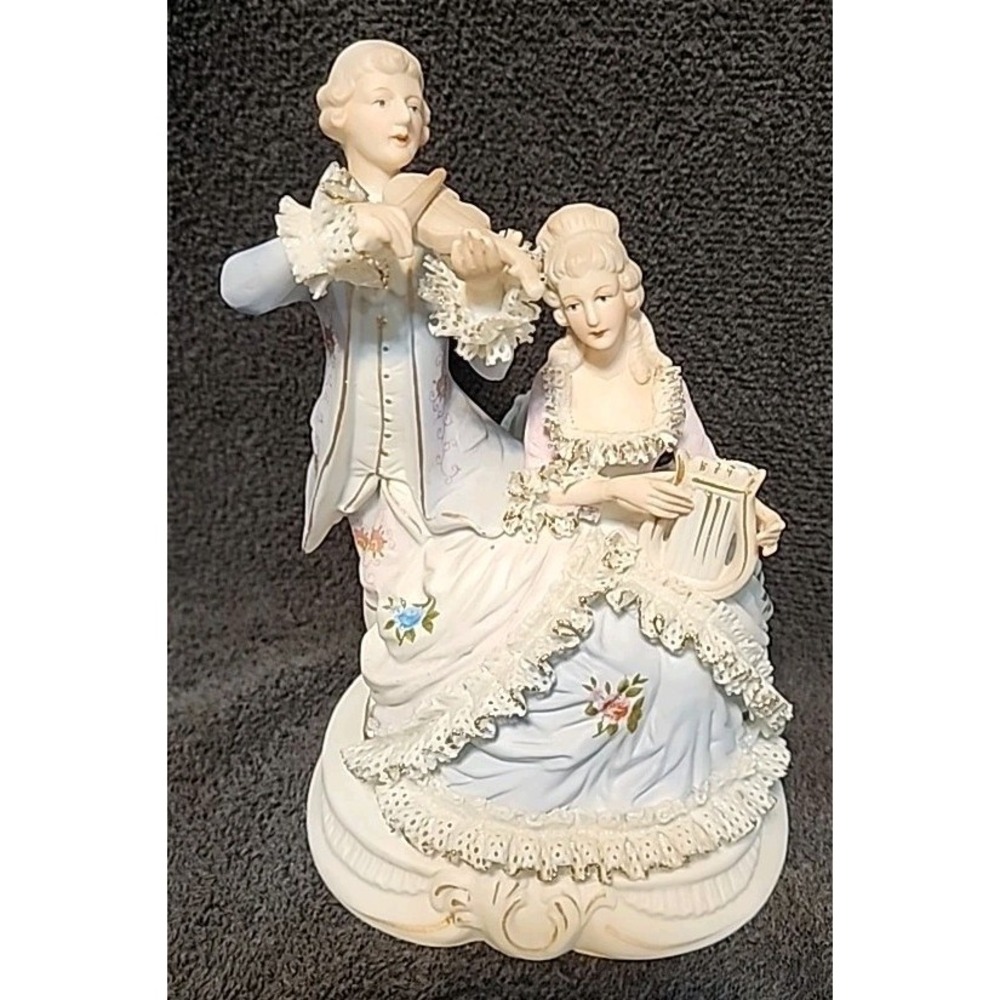 Vntg Victorian Couple Playing Instruments Music Box